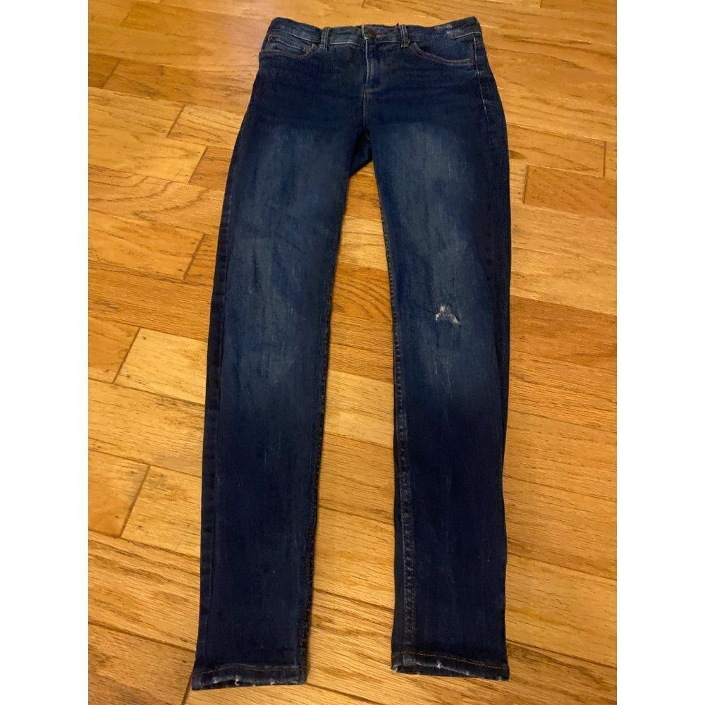 Bershka women's dark wash mid rise lightly distressed jeans size 4